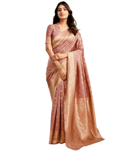 { "alt_text": "Peach jacquard printed saree with unstitched blouse, 5.5m, ethnic wear, Indian traditional clothing" }