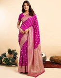 { "alt_text": "Pink jacquard printed saree with unstitched blouse, 5.5m, ethnic wear, Indian traditional clothing" }