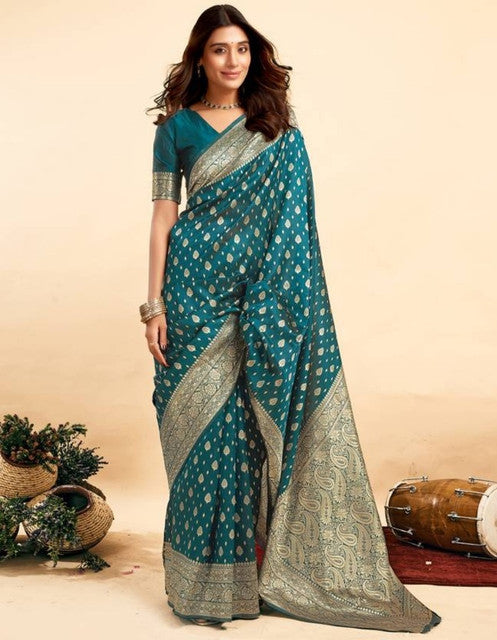 { "alt_text": "Teal jacquard printed saree with unstitched blouse, 5.5m, ethnic wear, Indian traditional clothing" }