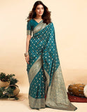 { "alt_text": "Teal jacquard printed saree with unstitched blouse, 5.5m, ethnic wear, Indian traditional clothing" }
