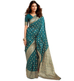 { "alt_text": "Teal jacquard printed saree with unstitched blouse, 5.5m, ethnic wear, Indian traditional clothing" }