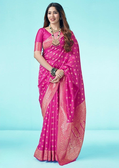 { "alt_text": "Pink jacquard printed saree with unstitched blouse, 5.5m, ethnic wear, Indian traditional clothing" }
