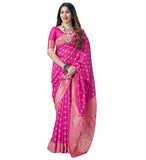 { "alt_text": "Pink jacquard printed saree with unstitched blouse, 5.5m, ethnic wear, Indian traditional clothing" }
