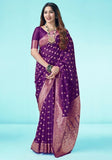 { "alt_text": "Purple jacquard printed saree with unstitched blouse, 5.5m, ethnic wear, Indian traditional clothing" }