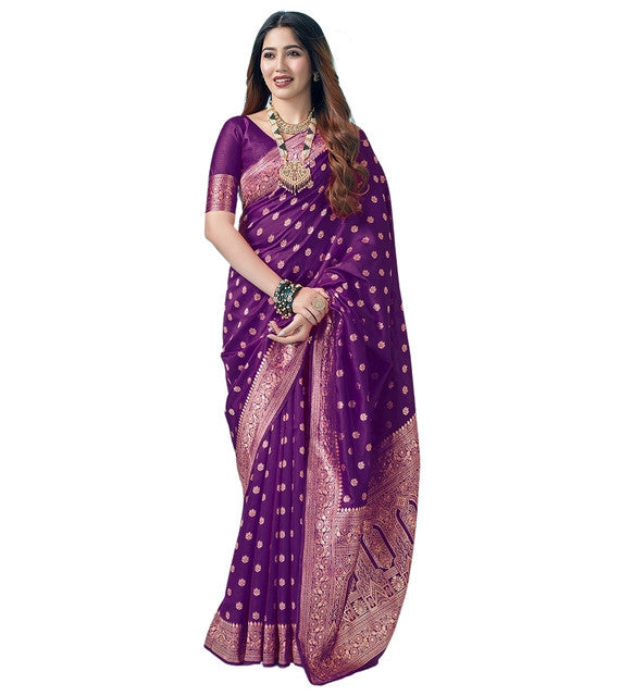 { "alt_text": "Purple jacquard printed saree with unstitched blouse, 5.5m, ethnic wear, Indian traditional clothing" }