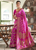{ "alt_text": "Pink jacquard printed saree with unstitched blouse, 5.5m, ethnic wear, Indian traditional clothing" }
