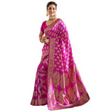 { "alt_text": "Pink jacquard printed saree with unstitched blouse, 5.5m, ethnic wear, Indian traditional clothing" }