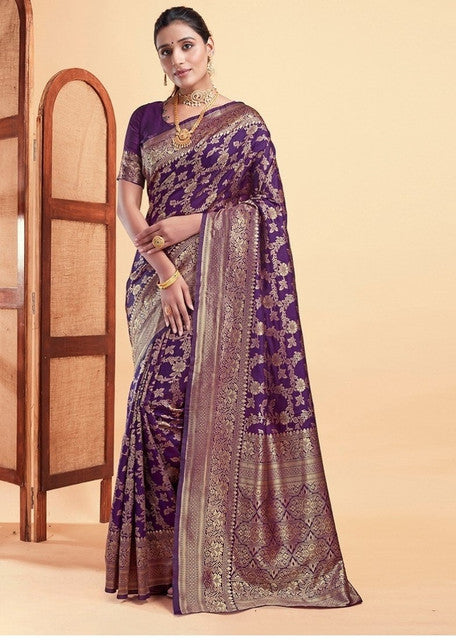 { "alt_text": "Purple jacquard printed saree with unstitched blouse, 5.5m, ethnic wear, Indian traditional clothing" }