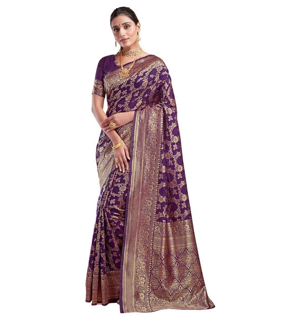 { "alt_text": "Purple jacquard printed saree with unstitched blouse, 5.5m, ethnic wear, Indian traditional clothing" }
