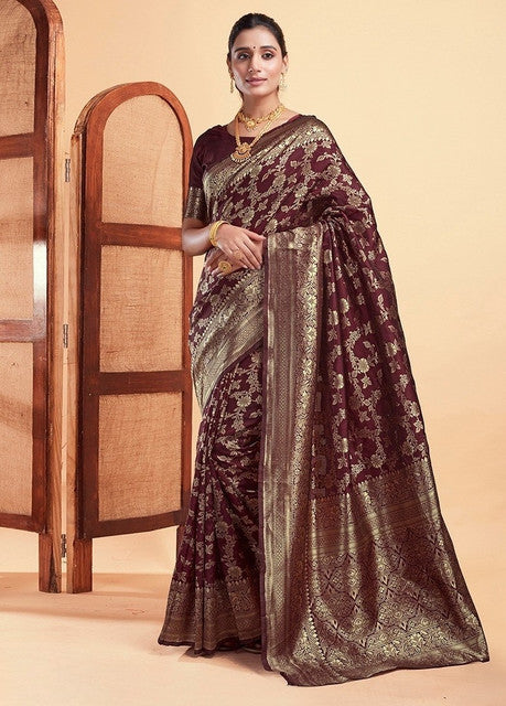 { "alt_text": "Maroon jacquard printed saree with unstitched blouse, 5.5m, ethnic wear, Indian traditional clothing" }