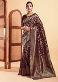{ "alt_text": "Maroon jacquard printed saree with unstitched blouse, 5.5m, ethnic wear, Indian traditional clothing" }