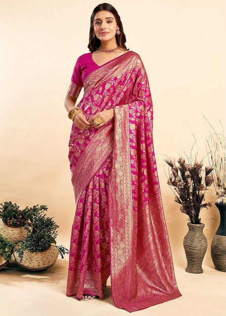 { "alt_text": "Pink jacquard printed saree with unstitched blouse, 5.5m, ethnic wear, Indian traditional clothing" }