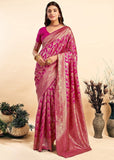 { "alt_text": "Pink jacquard printed saree with unstitched blouse, 5.5m, ethnic wear, Indian traditional clothing" }