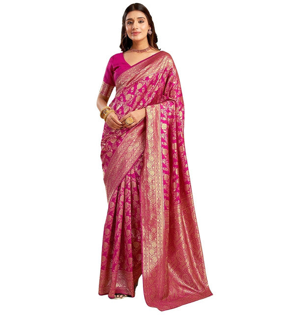 { "alt_text": "Pink jacquard printed saree with unstitched blouse, 5.5m, ethnic wear, Indian traditional clothing" }