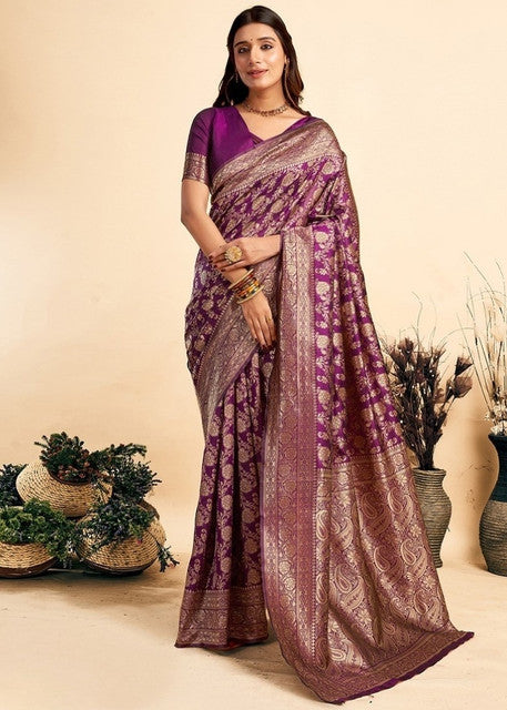 { "alt_text": "Purple jacquard printed saree with unstitched blouse, 5.5m, ethnic wear, Indian traditional clothing" }