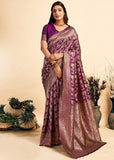 { "alt_text": "Purple jacquard printed saree with unstitched blouse, 5.5m, ethnic wear, Indian traditional clothing" }