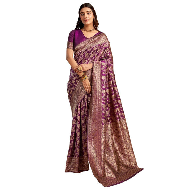 { "alt_text": "Purple jacquard printed saree with unstitched blouse, 5.5m, ethnic wear, Indian traditional clothing" }
