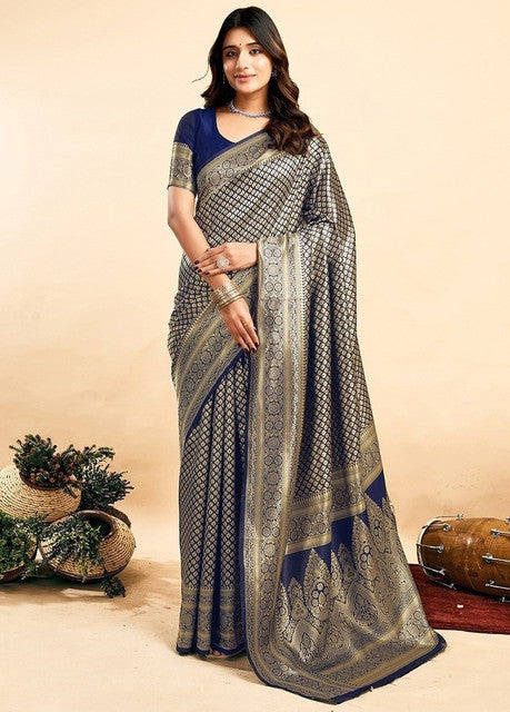 { "alt_text": "Navy blue jacquard printed saree with unstitched blouse, 5.5m, ethnic wear, Indian traditional clothing" }