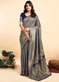{ "alt_text": "Navy blue jacquard printed saree with unstitched blouse, 5.5m, ethnic wear, Indian traditional clothing" }