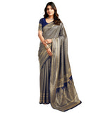 { "alt_text": "Navy blue jacquard printed saree with unstitched blouse, 5.5m, ethnic wear, Indian traditional clothing" }