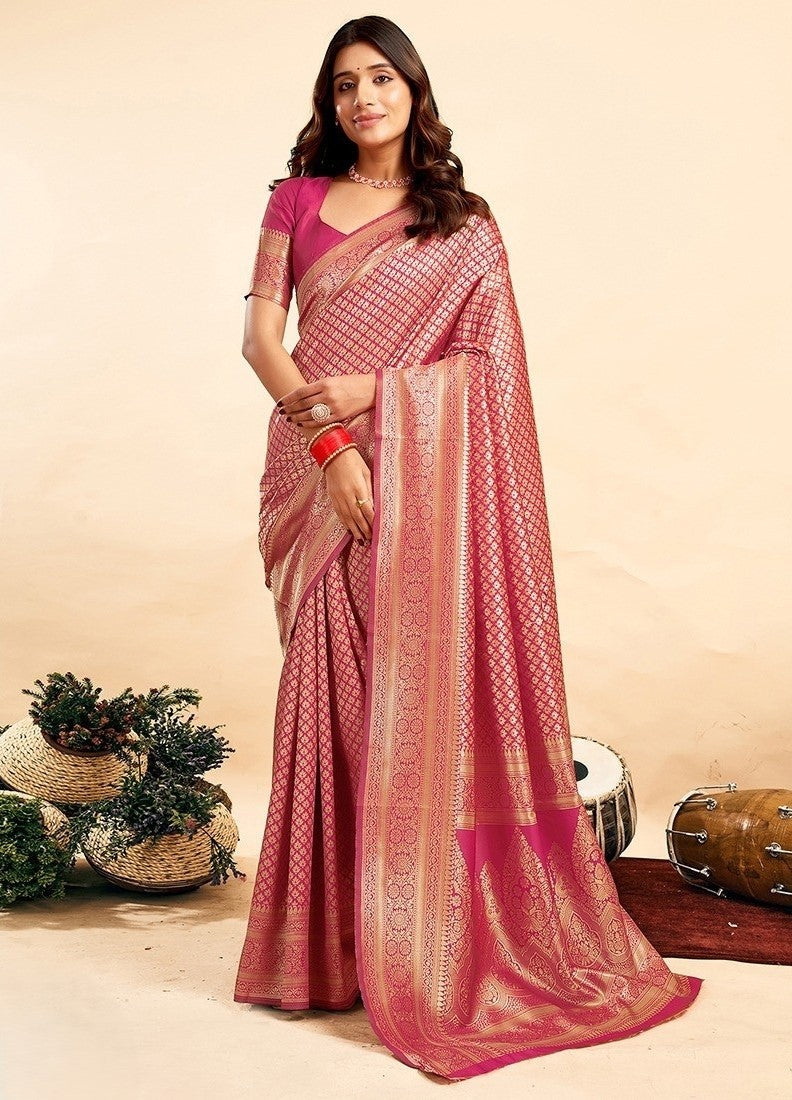{ "alt_text": "Pink jacquard printed saree with unstitched blouse, 5.5m, ethnic wear, Indian traditional clothing" }
