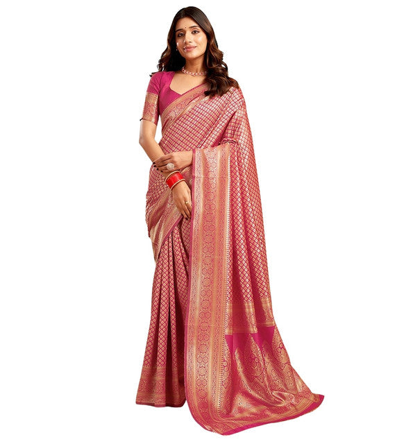 { "alt_text": "Pink jacquard printed saree with unstitched blouse, 5.5m, ethnic wear, Indian traditional clothing" }