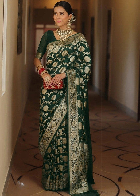 { "alt_text": "Bottle green jacquard printed saree with unstitched blouse, 5.5m, ethnic wear, Indian traditional clothing" }