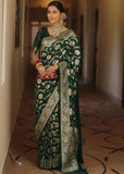 { "alt_text": "Bottle green jacquard printed saree with unstitched blouse, 5.5m, ethnic wear, Indian traditional clothing" }