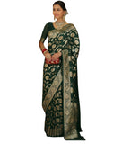 { "alt_text": "Bottle green jacquard printed saree with unstitched blouse, 5.5m, ethnic wear, Indian traditional clothing" }