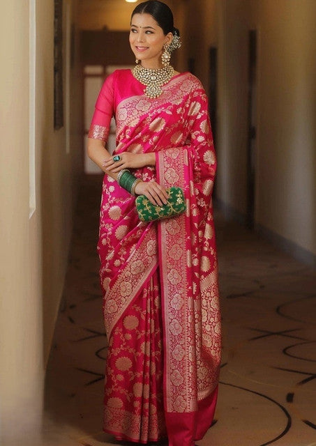 { "alt_text": "Pink jacquard printed saree with unstitched blouse, 5.5m, ethnic wear, Indian traditional clothing" }