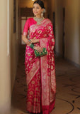 { "alt_text": "Pink jacquard printed saree with unstitched blouse, 5.5m, ethnic wear, Indian traditional clothing" }