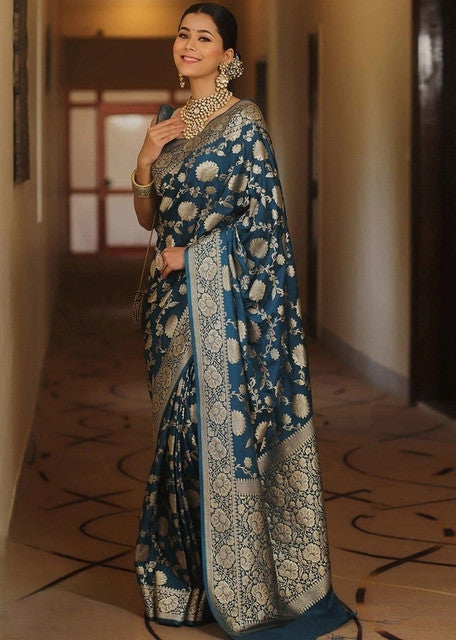 { "alt_text": "Teal jacquard printed saree with unstitched blouse, 5.5m, ethnic wear, Indian traditional clothing" }
