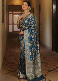 { "alt_text": "Teal jacquard printed saree with unstitched blouse, 5.5m, ethnic wear, Indian traditional clothing" }