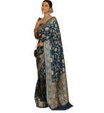 { "alt_text": "Teal jacquard printed saree with unstitched blouse, 5.5m, ethnic wear, Indian traditional clothing" }