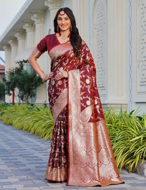 { "alt_text": "Maroon jacquard printed saree with unstitched blouse, 5.5m, ethnic wear, Indian traditional clothing" }