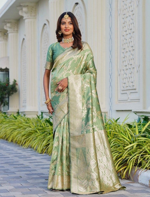 { "alt_text": "Pista green jacquard printed saree with unstitched blouse, 5.5m, ethnic wear, Indian traditional clothing" }
