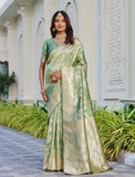 { "alt_text": "Pista green jacquard printed saree with unstitched blouse, 5.5m, ethnic wear, Indian traditional clothing" }