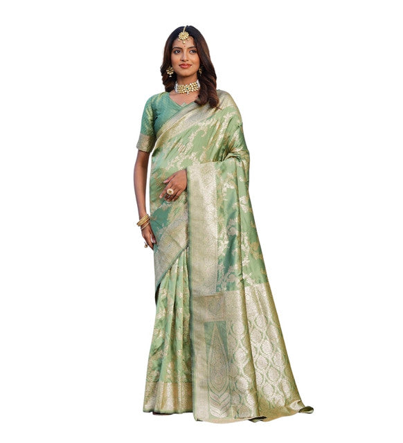 { "alt_text": "Pista green jacquard printed saree with unstitched blouse, 5.5m, ethnic wear, Indian traditional clothing" }