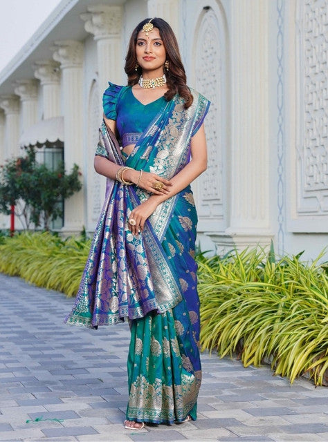 { "alt_text": "Royal-Teal jacquard printed saree with unstitched blouse, 5.5Mtr ethnic wear, Indian traditional clothing" }