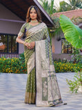 { "alt_text": "Olive green jacquard printed saree with unstitched blouse, 5.5m, ethnic wear, Indian traditional clothing" }
