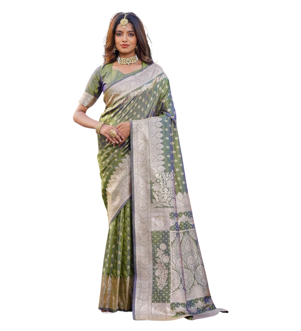 { "alt_text": "Olive green jacquard printed saree with unstitched blouse, 5.5m, ethnic wear, Indian traditional clothing" }