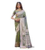 { "alt_text": "Olive green jacquard printed saree with unstitched blouse, 5.5m, ethnic wear, Indian traditional clothing" }
