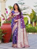 { "alt_text": "Purple jacquard printed saree with unstitched blouse, 5.5m, ethnic wear, Indian traditional clothing" }