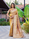 { "alt_text": "Mustard jacquard printed saree with unstitched blouse, 5.5m, ethnic wear, Indian traditional clothing" }