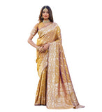 { "alt_text": "Mustard jacquard printed saree with unstitched blouse, 5.5m, ethnic wear, Indian fashion" }