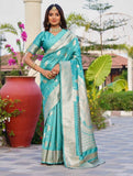 { "alt_text": "Skyblue jacquard printed saree with unstitched blouse, 5.5m, ethnic wear, Indian traditional clothing" }
