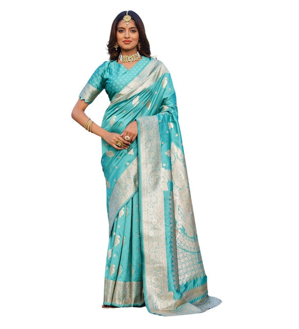 { "alt_text": "Skyblue jacquard printed saree with unstitched blouse, 5.5m, ethnic wear, Indian traditional clothing" }