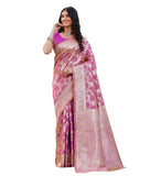 { "alt_text": "Pink jacquard printed saree with unstitched blouse, 5.5m, ethnic wear, Indian traditional clothing" }