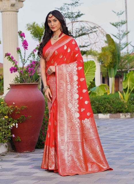 { "alt_text": "Red jacquard printed saree with unstitched blouse, 5.5m, ethnic wear, Indian traditional clothing" }