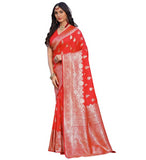 { "alt_text": "Red jacquard printed saree with unstitched blouse, 5.5m, ethnic wear, Indian traditional clothing" }